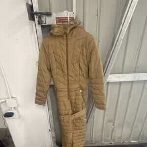 Women’s Hooded Quilted One-Piece Snowsuit Faux Fur Trim Belted Ski Suit Size S